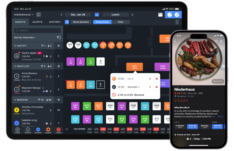 Resy OS restaurant management software on tablet and iphone