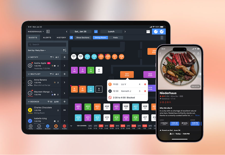 Screenshot of Resy OS reservation software on a tablet.