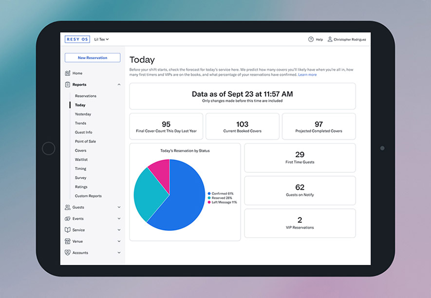 Screenshot of Resy OS advanced analytics tools on a tablet.